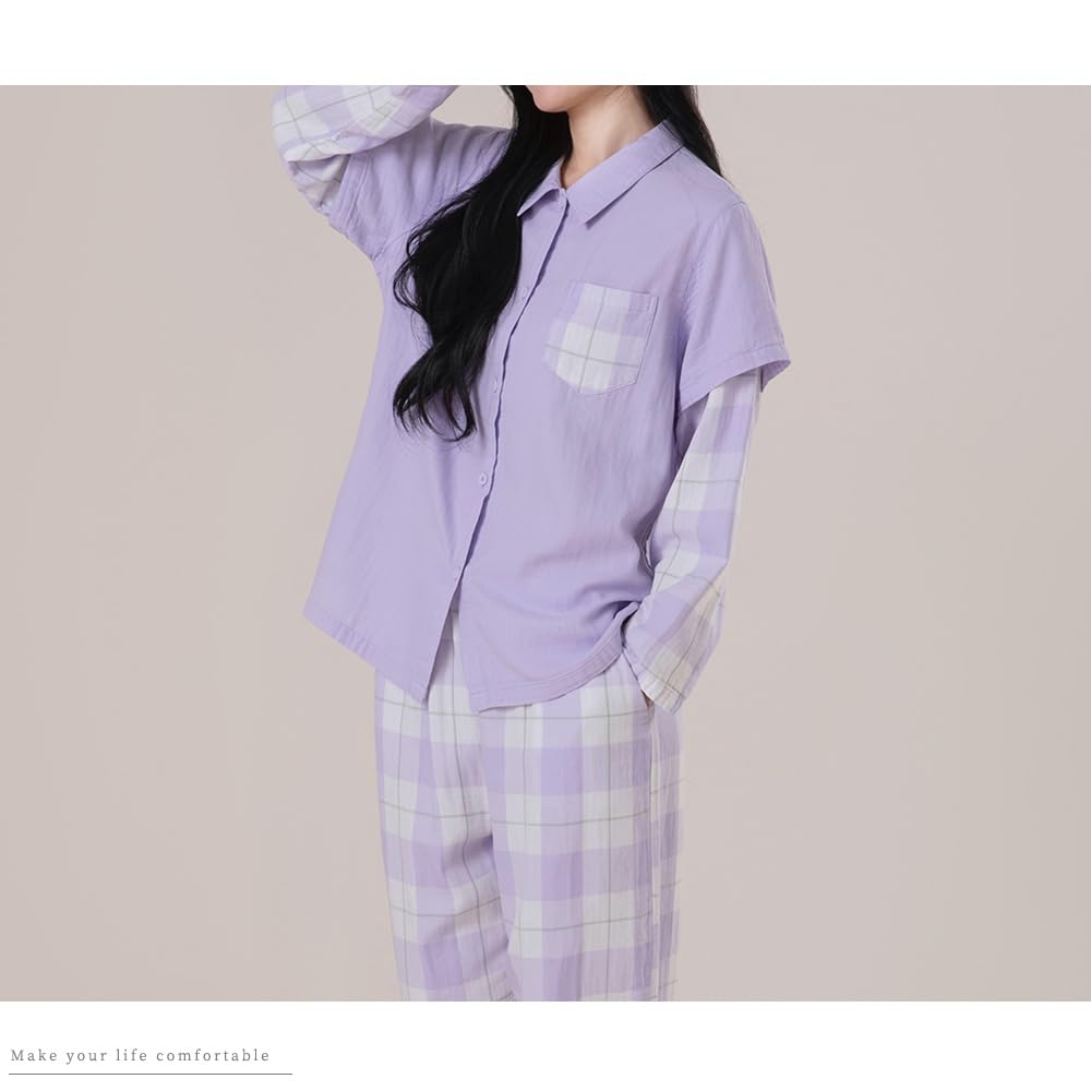 Yes Family Cotton Gauze Long Faux Layered Double Gauze Pajamas with Size Lavender Women's 100% Pajamas, Sleeves, Pants, Fall/Winter, M,