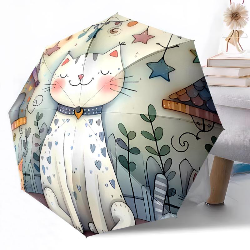 Flauschige Katze Fantasy Tragbarer Automatischer Regenschirm mit 8 Speichen Leichter Ganzjahres-Regenschirm für Reisen Outdoor-Zubehör