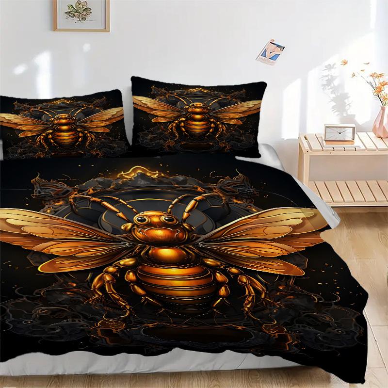 

3pcs Golden Bee Emblem Bedding Set - 1 Duvet Cover + 2 Pillowcases(Core Not Included), Machine Washable Polyester yy251216175 135x200cm