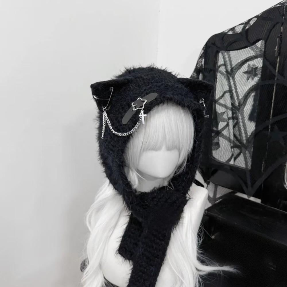 New Harajuku Japanese Cat Ear Hat Cross Chain Leather with Scarf Women Y2K Punk Knitted Caps Buckle Warm Ear Flap Hat