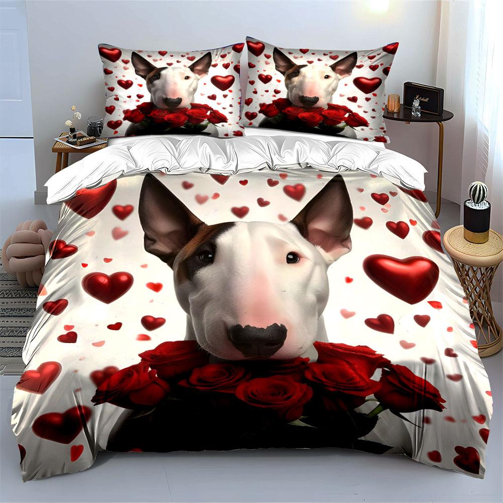 Romantic Dog Decor Set Bedding Set with 1 Duvet Cover 2 Pillowcases Single Double King Queen, Gift