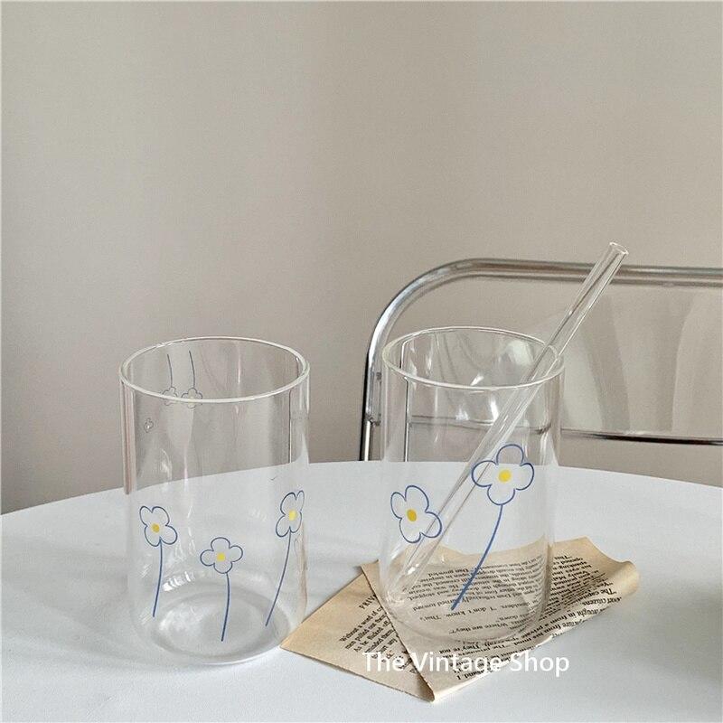 Ins Wind High Boron Silicate Heat Resistant Glass Printed Round Bottom Straw Milk Juice Glass