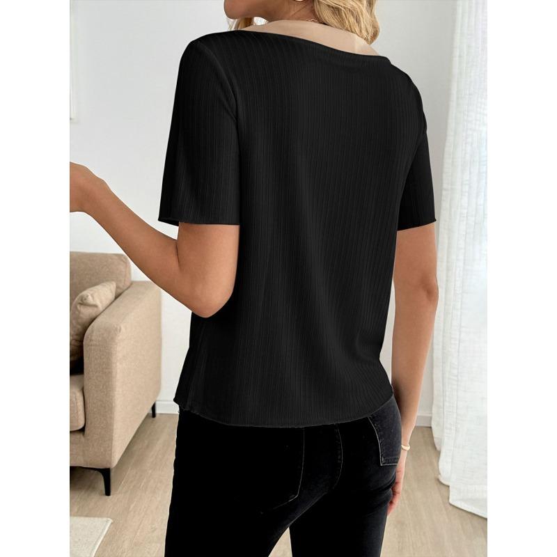 YYFS Women's Fashion Casual Summer Spring Colour Block Print Short Sleeve O-Neck Blouses & Shirts