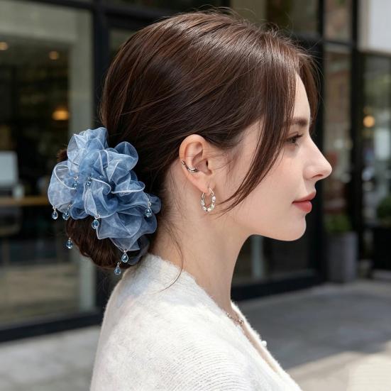 Hair Tie Beads Decor Double Layer Mesh Women Hair Rope Bun Half-Tied Hairstyles Ponytail Holder Hair Accessory