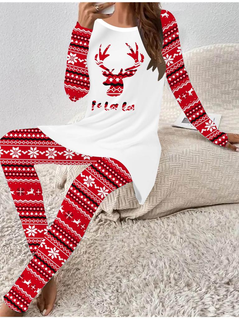 Euroamerická móda 3D Vánoční potisk Dámské Čtyřsezónní Tričko s dlouhým rukávem + Dlouhé kalhoty Dvoudílný set. Perfektní dárek na Nový rok a Vánoce