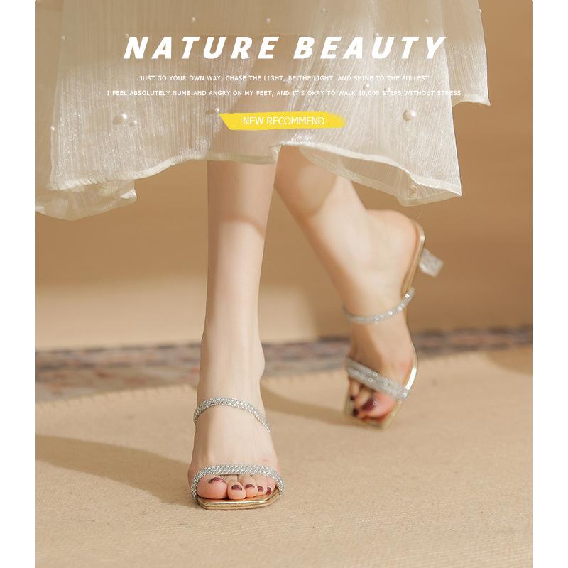 7313 high-heeled slippers women's new outer wear in summer 2025, thin-heeled cool slippers, square crystal and sandals.