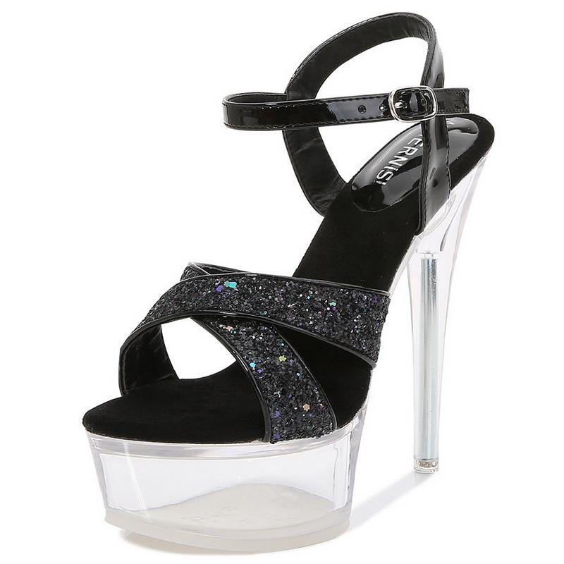 

Women Sequined Crystal Platform Stiletto Sandals Glitter Buckle Strap High Heel Sandals for Office Nightclub Party Pub Banquet 35 чёрный