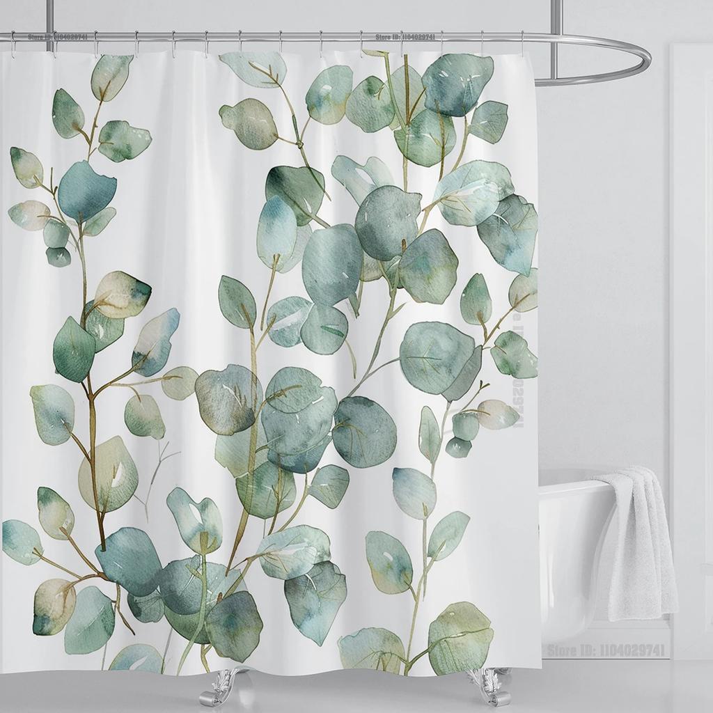 Watercolor Leaves On The Top Plant With Floral Bathroom Greenery Leaf Decoration Watercolor Botanical Shower Curtain With Hooks