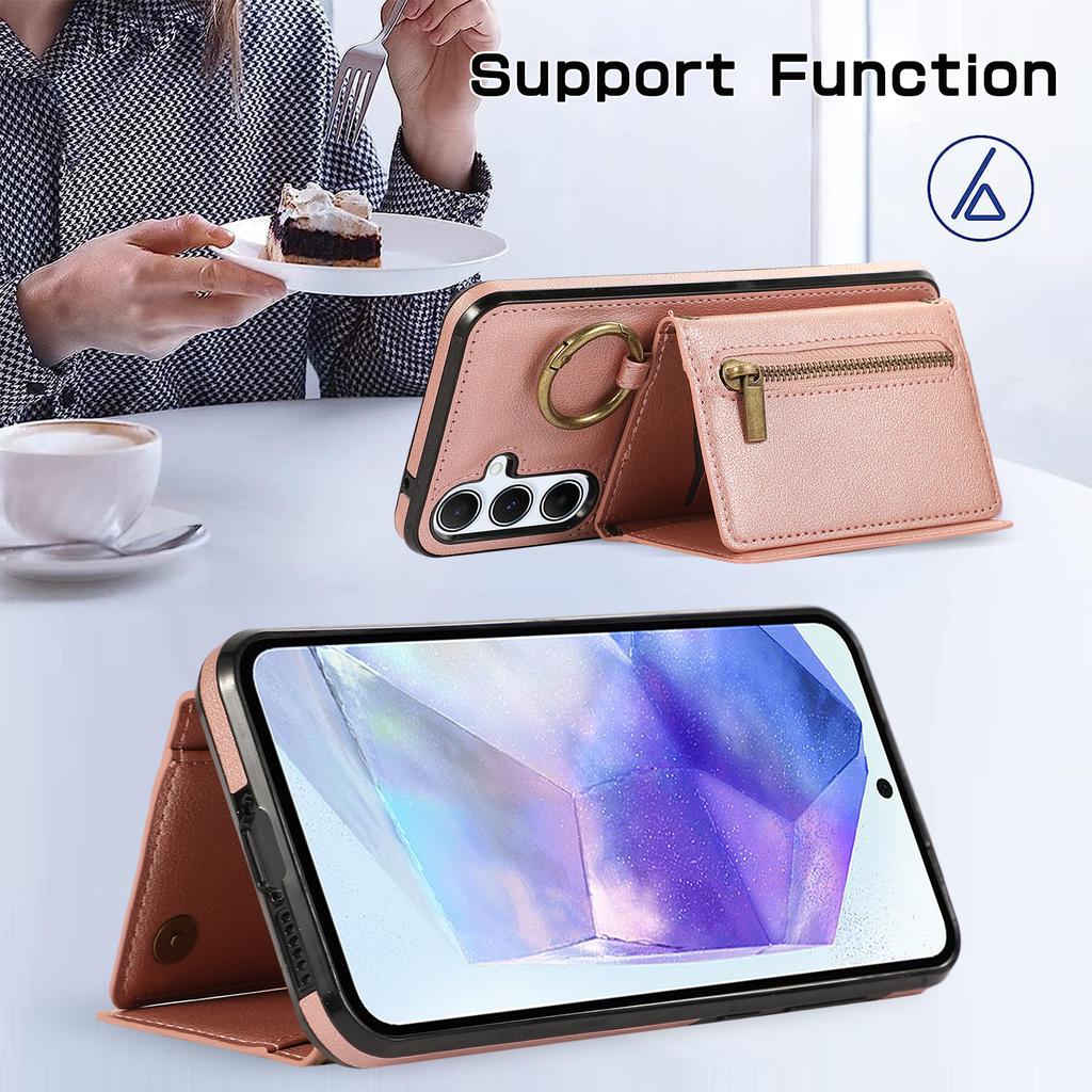 For Samsung Galaxy A26 5G Leather Back Cover Zipper Wallet Kickstand Phone Case with Shoulder Strap