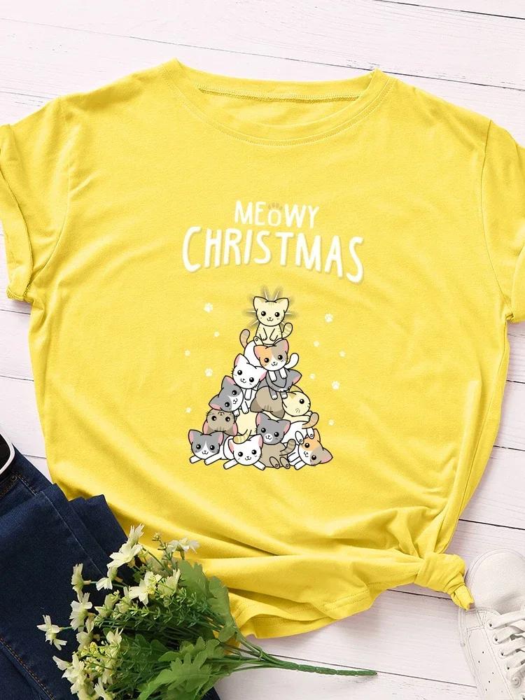 Merry Christmas Cat Print Women T Shirt Short Sleeve O Neck Loose Women Tshirt Ladies Tee Shirt Tops Clothes Camisetas Mujer