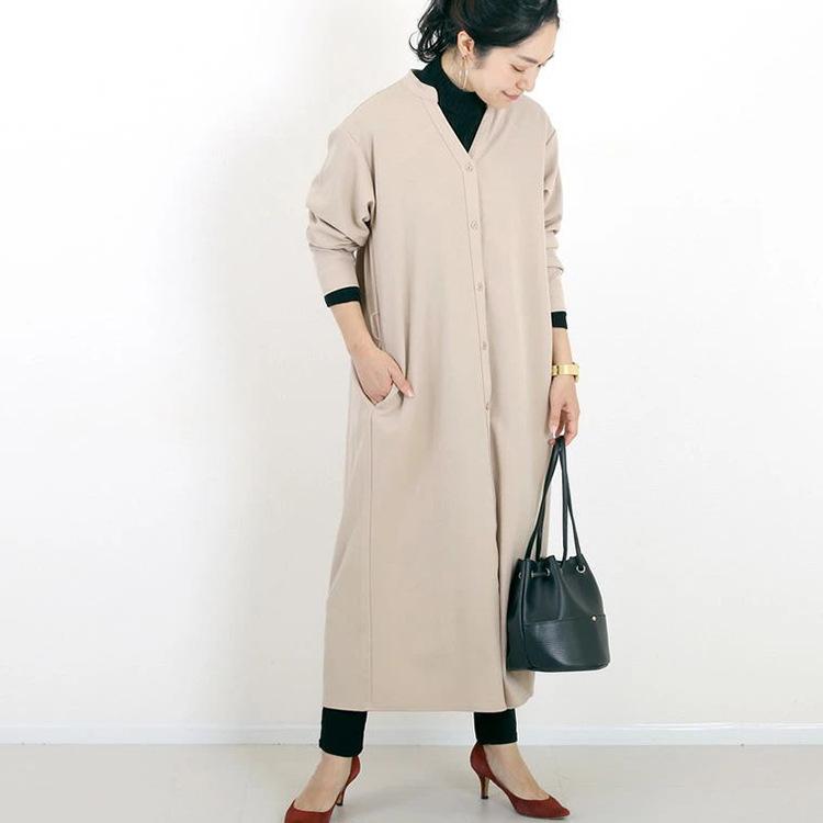 Autumn and Winter Shirt Base Dress for Women Solid Color Loose Casual V-neck Long Skirt for Outdoor Wear