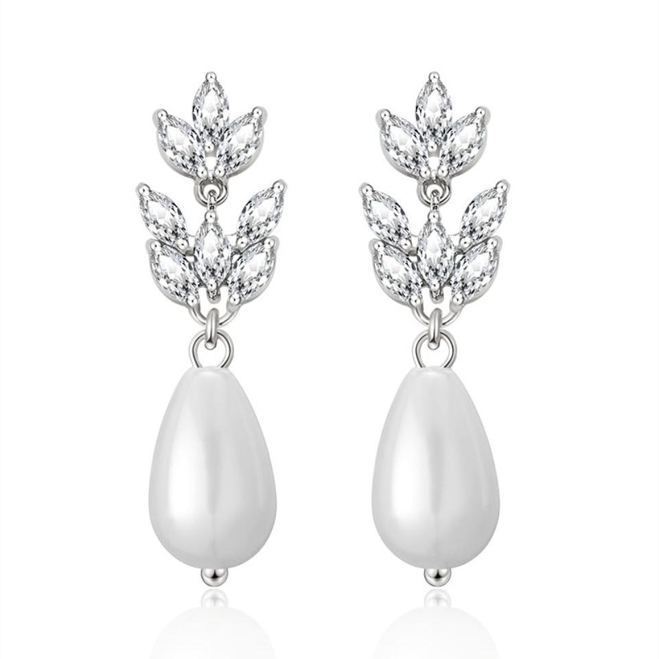 ZAKOL Classic Imitation Pearl Leaf Shaped Women's Dangle Earrings Inlaid Zircon Elegant Simple Bridal Wedding Jewelry Female