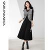 Two Piece Set: Small Fragrant Style Vest Jacket and Long-Sleeved Pleated Dress