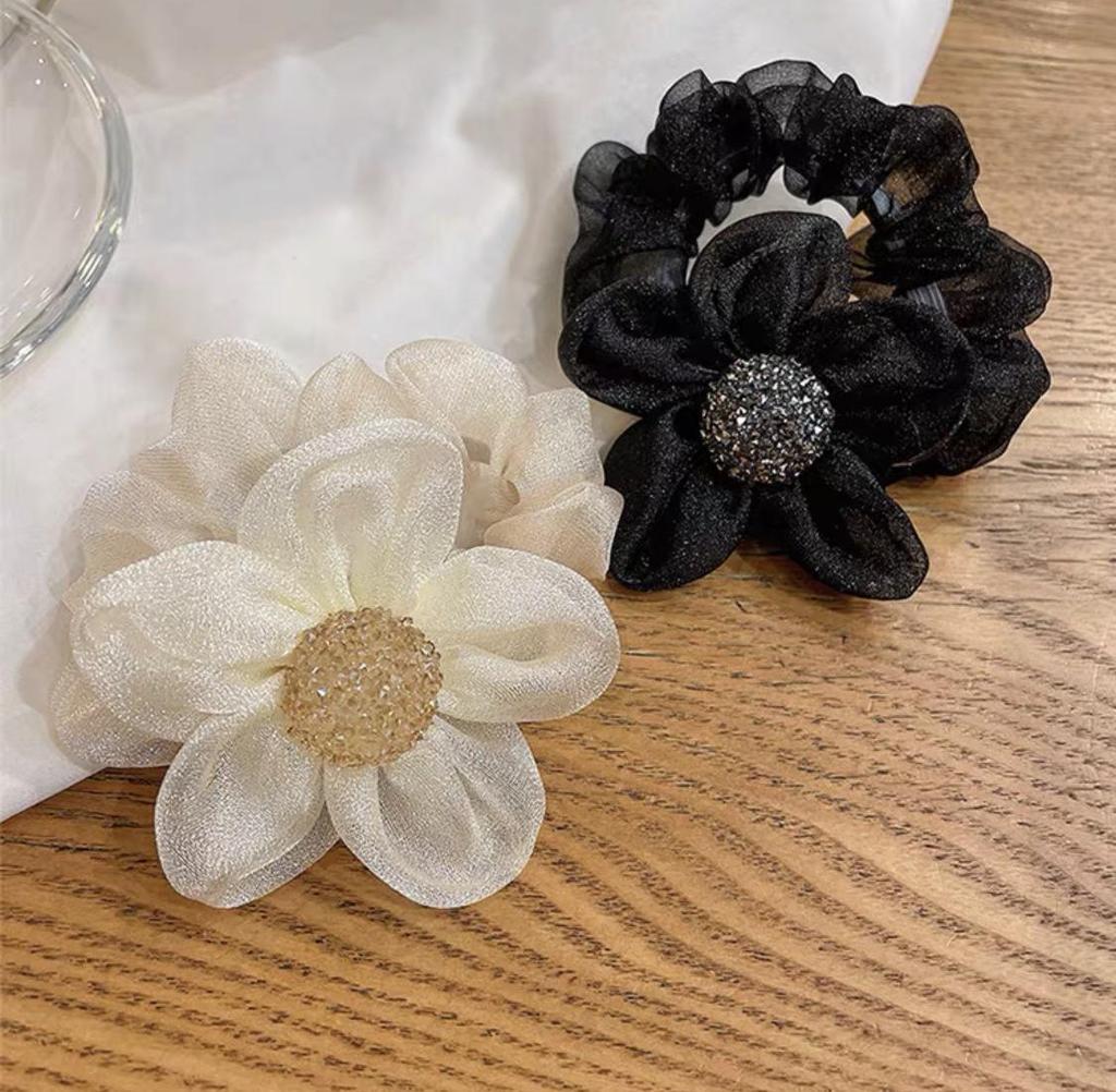 Korean Light Luxury Rhinestone Sunflower Mesh Scrunchie - Organza Elastic Hair Accessory for Women