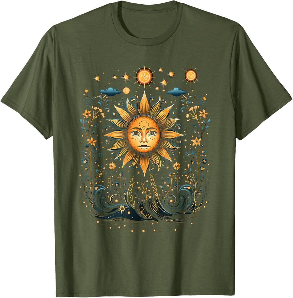 Mystic Celestial Sun Face Floral Graphic T-Shirt Casual Short Sleeve O-Neck Tee For Men