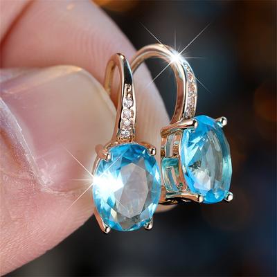 Fashion Golden Color Oval Cut Aqua Blue Stone Drop Earrings Valentine's Day Jewelry