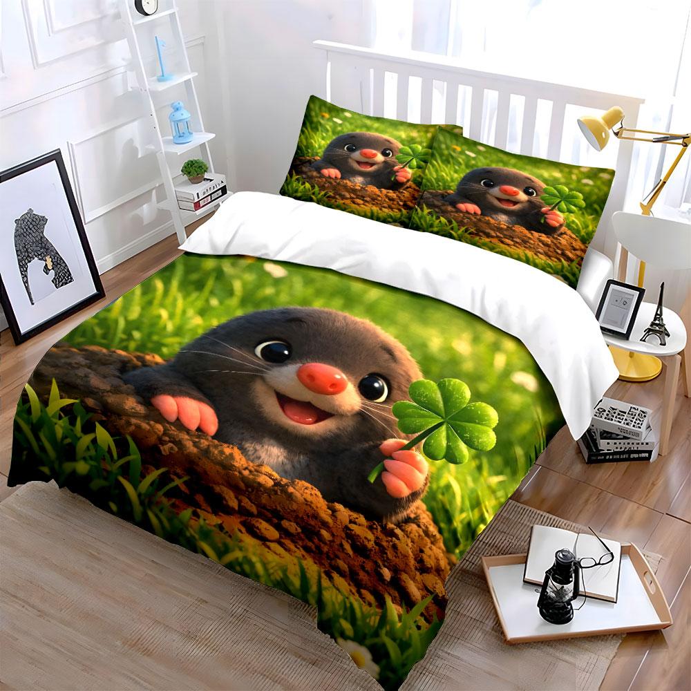 Adorable Mole Holding Clover Printed Duvet Cover Set1 Duvet Cover+2 Pillowcasemulti Size Bedroom Bedding Decor Luxury Gifts