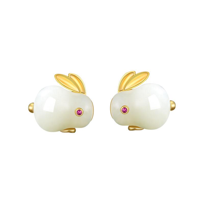 Auspicious Jade Rabbit Stud Earrings Women's Retro Earrings National Style Earrings