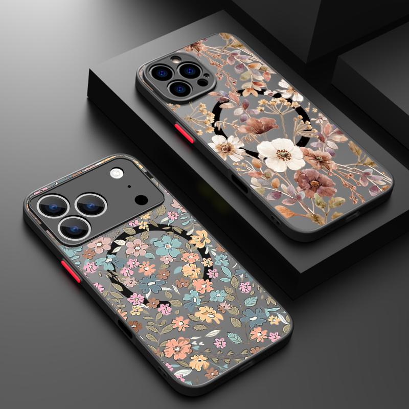 Vintage Floral Pattern Case For iPhone 17 Pro Max Magnetic For Magsafe Hybrid TPU+PC Matte Cover For iPhone 16 Pro Max 15 14 13 12 11 16E Air