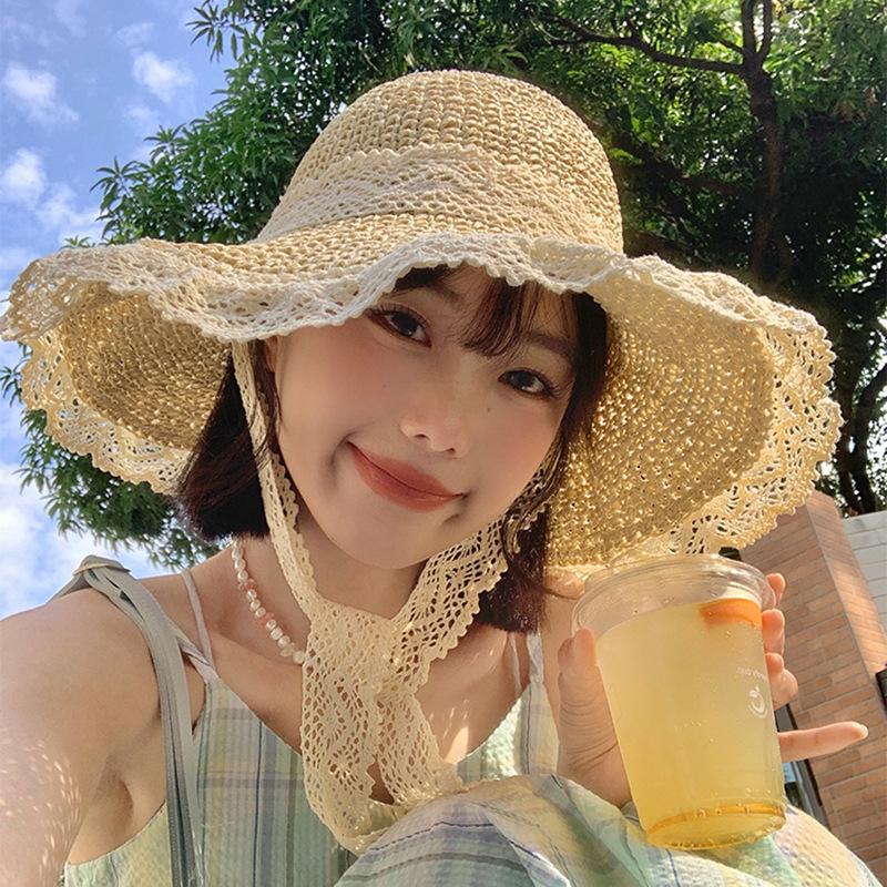 Women's Summer Travel Straw Hat Breathable Lace Trim Hollow Out Sun Protection Sun Hat Wide Brim Seaside Sunshade Hat