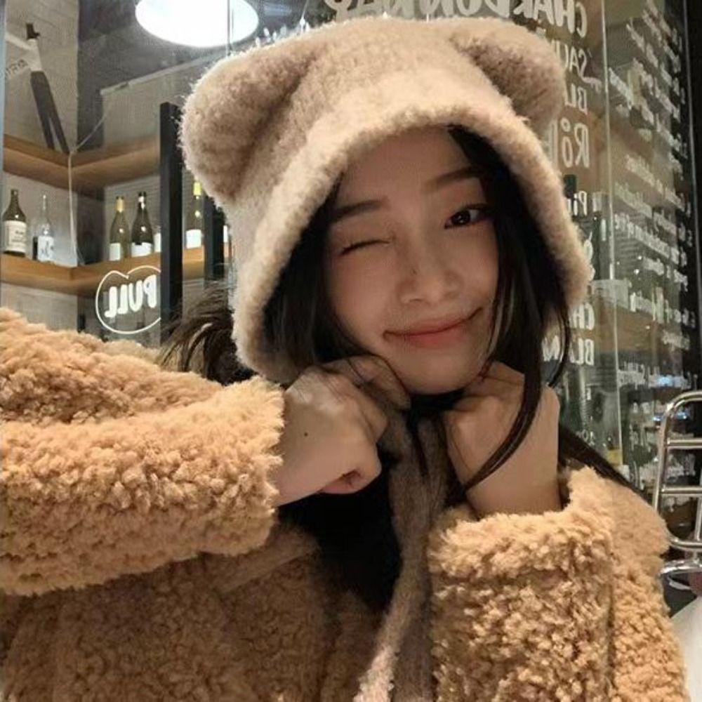 Roztomilá čepice Bear Bear Harajuku Y2K Čepice Módní plyšová pletená čepice Bear Zimní
