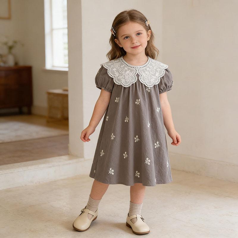Girls' Dresses, Summer Cotton Short-sleeved Lace Collar, Baby Girls, Western Style Embroidered Dresses, Children's Princess Dresses