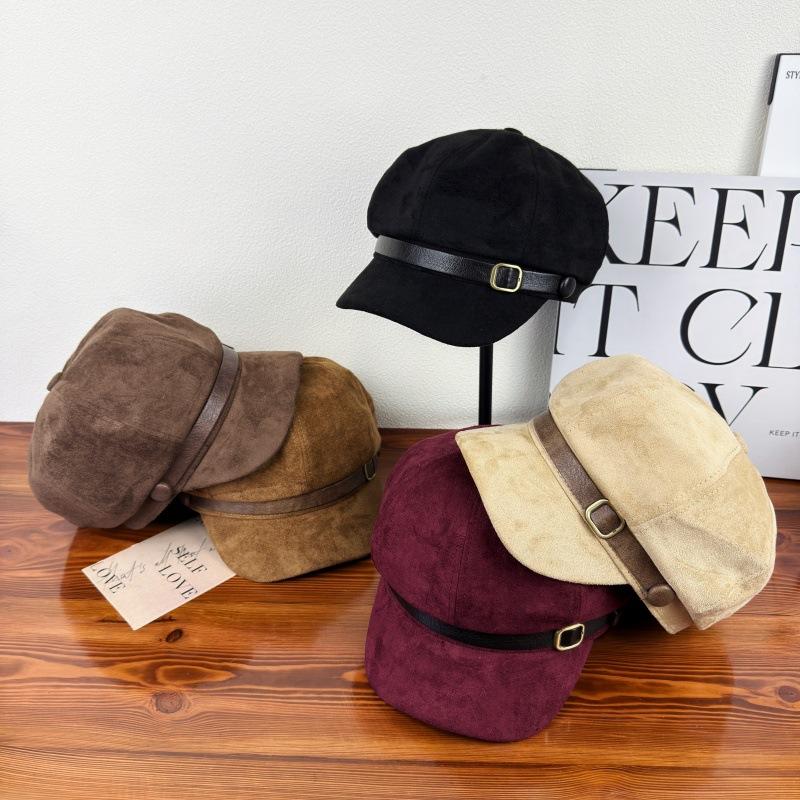 New retro suede octagonal hat children's autumn and winter face small versatile thermal beret metal leather buckle