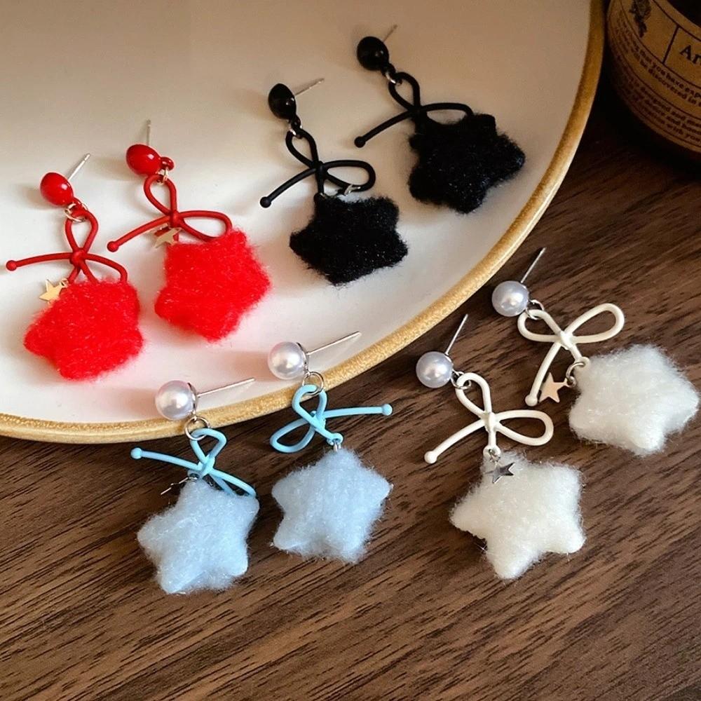 Pearl Plush Star Earrings Stars Y2K Drop Earrings Cute Winter Bow Star Earrings Girls Gift