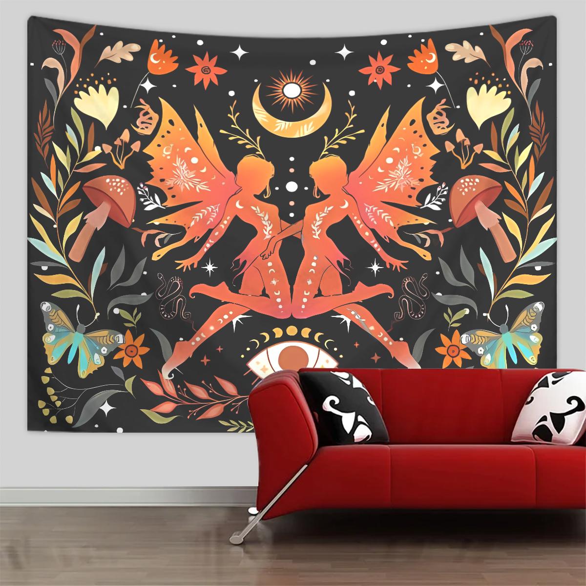 

1pc Butterfly flower tapestry, magic elf girl mushroom plant tapestry, starry sky and moon bedroom decoration hanging wall 73x95cm
