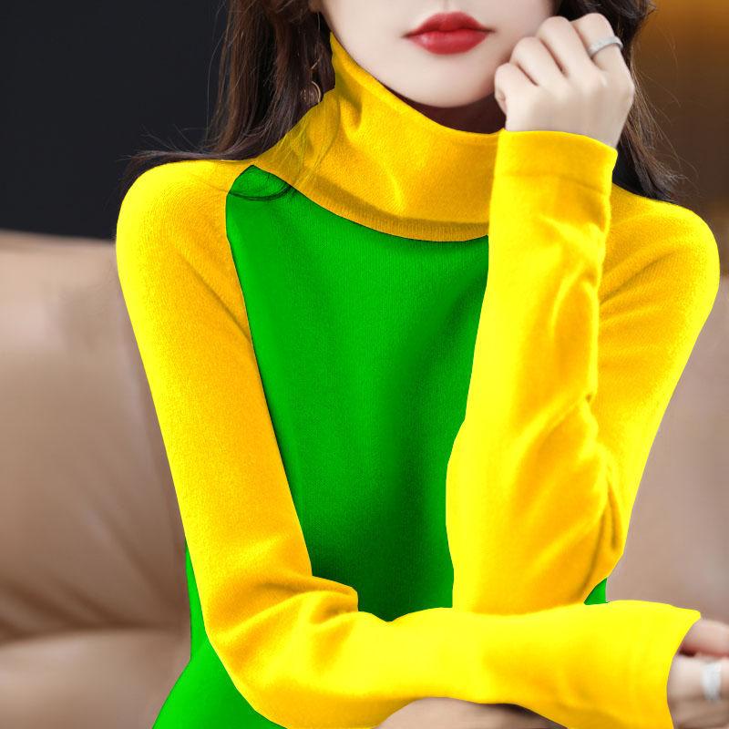 Autumn Women's Knitted Sweater Thin Long Sleeve Turtleneck Loose Knitted Bottom Shirt  Pullover Color-blocked Knit Top