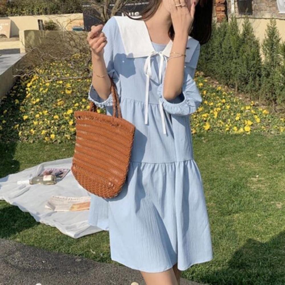 Navava Women Ruffled Collar Puff Sleeve Loose Fit 5 Part Dress No994