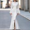 Women's Mock Neck Bell Sleeve Ruffled Slit Maxi Dress Multi Color Elegant Fitted Evening Dress