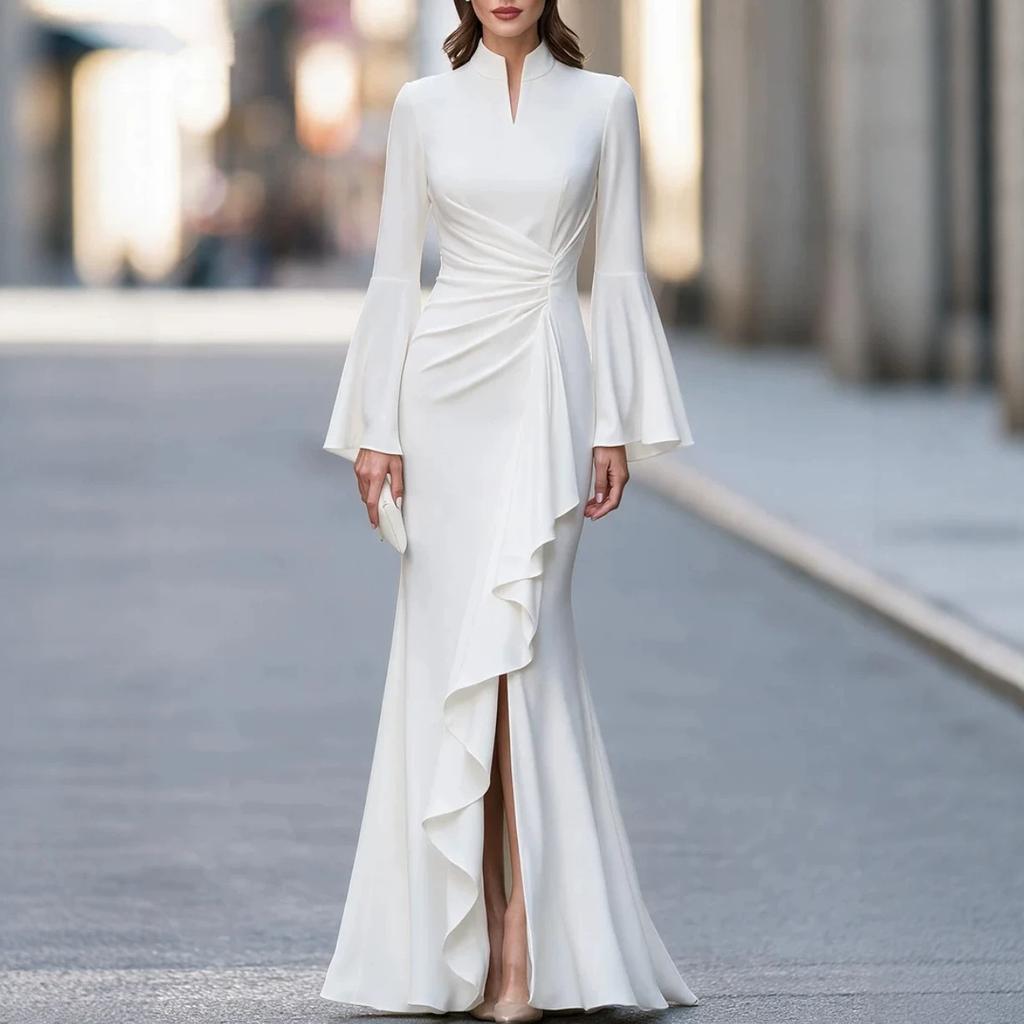 Women's Mock Neck Bell Sleeve Ruffled Slit Maxi Dress Multi Color Elegant Fitted Evening Dress