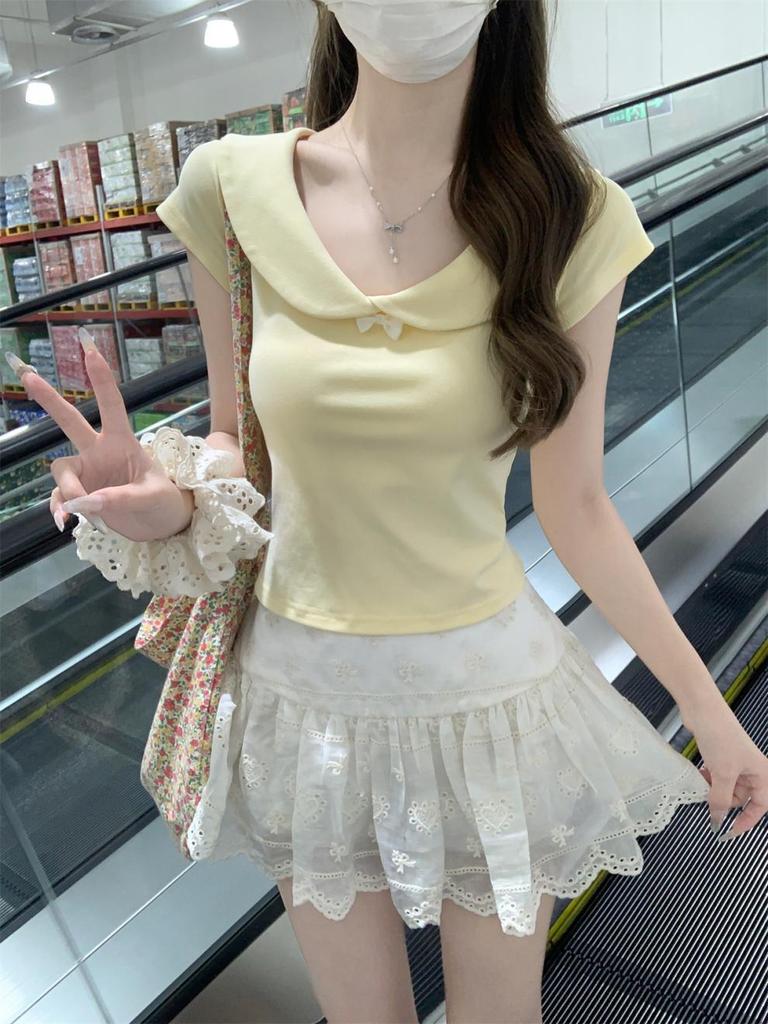 Korean Sweet Spring/Summer Slim-Fit Doll Collar Pure Cotton T-Shirt