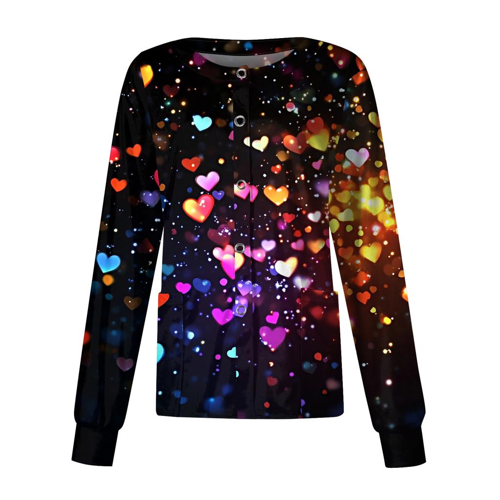 Women Long Sleeve Printed Pocket Working Stand Collar Single-breasted Protective Overalls Cardigan Jacket Top