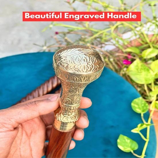 Engraved Flowers Walking Stick, 3 Foldable Solid Brass Cane for Men and Woman, Round Brass Handle, Victorian Cane, Dad Gift, Christmas Gift
