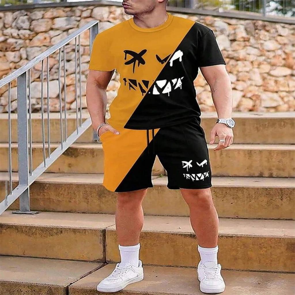 Urban Street Fashion Trend Men's Round Neck Short Sleeved Set, Outdoor Simple Round Neck Top, Casual and Comfortable Shorts