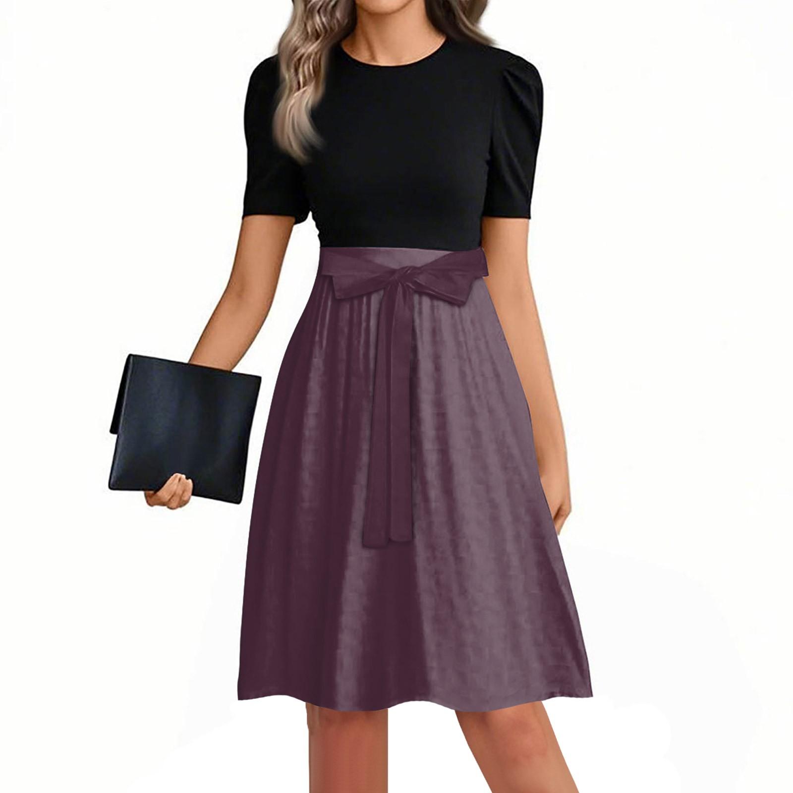 

Women s Fashionable Casual Belt Short Sleeved Round Neck Solid Color Patchwork Dress S