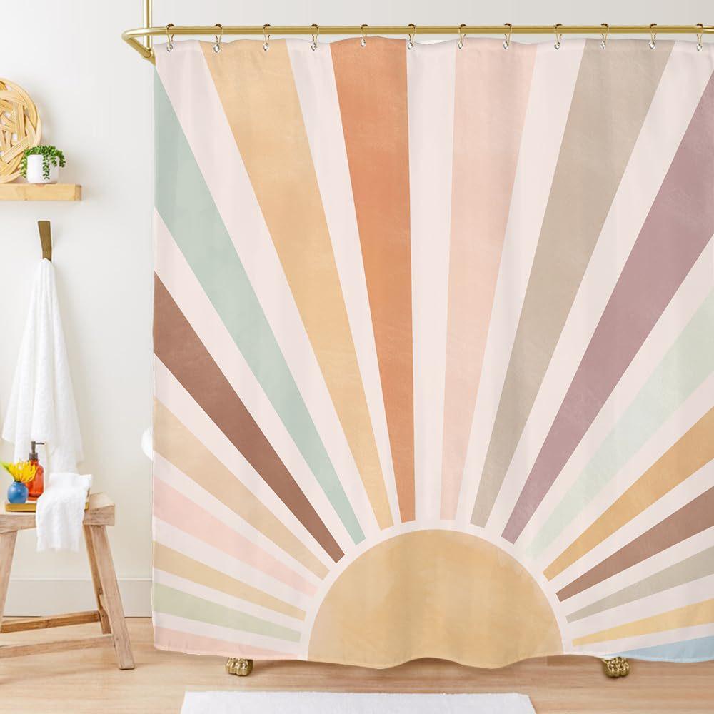 Rust Sun Abstract Shower Curtain Set Simple Medieval Vintage Sunrise Polyester Waterproof Bathroom Curtain With Hook