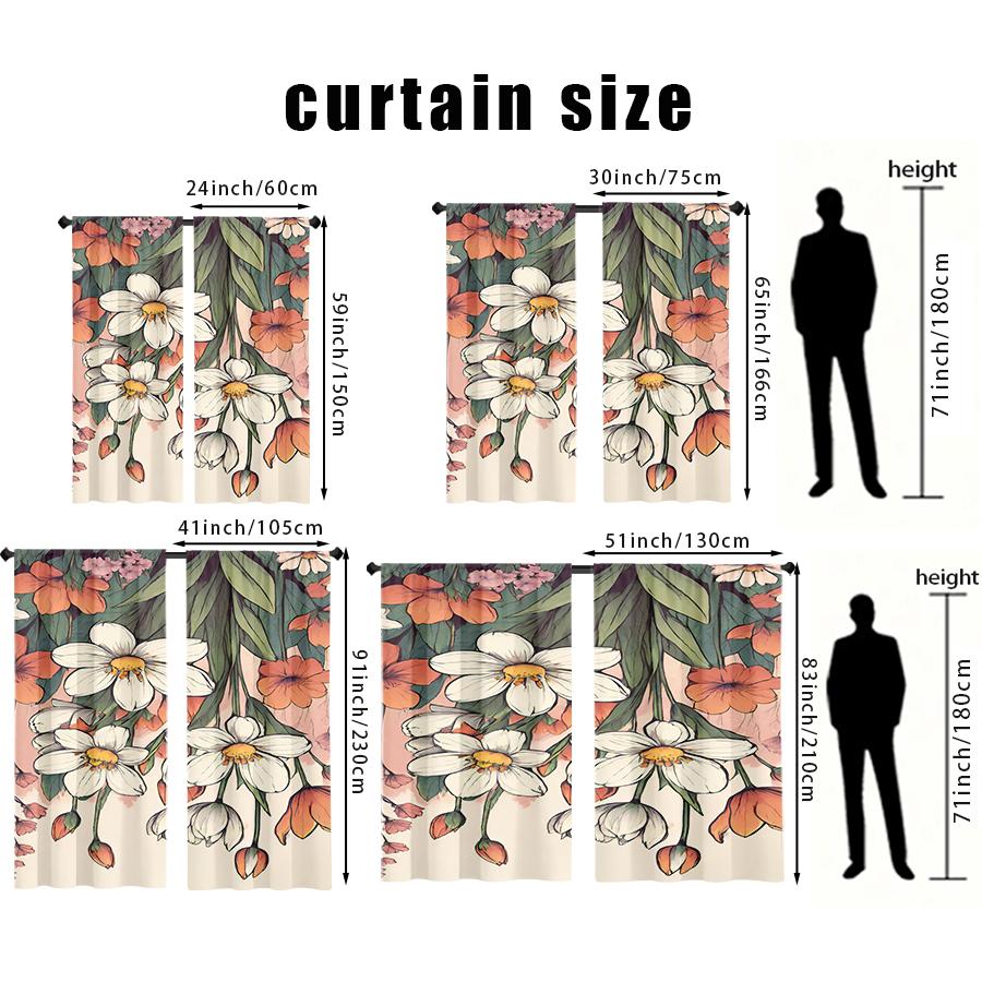 2 Stück Mehrfarbig Orange Weiß Blumenmuster Vorhang Stangentaschen-Design für Schlafzimmer und Wohnzimmer
