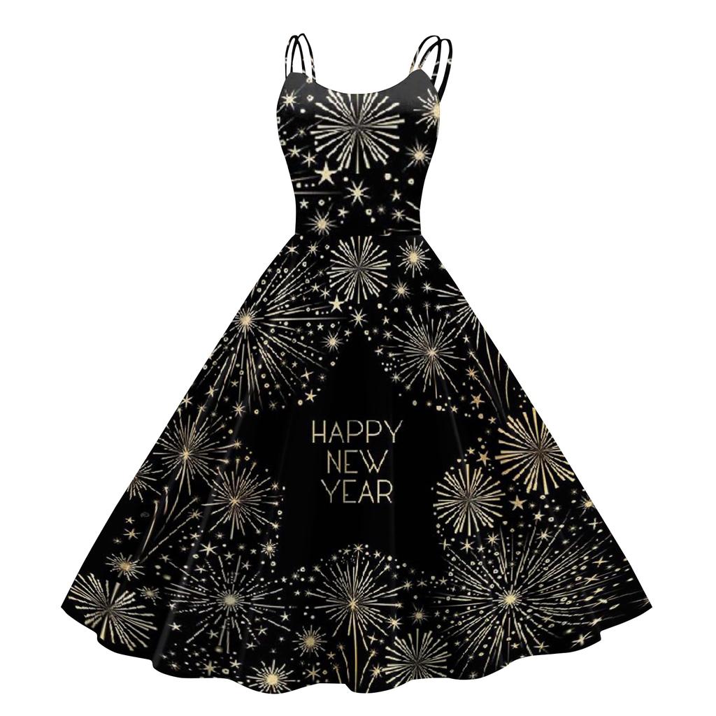 Dámské Novoroční Tištěné Ležérní Módní Midi Šaty s Kulatým Výstřihem