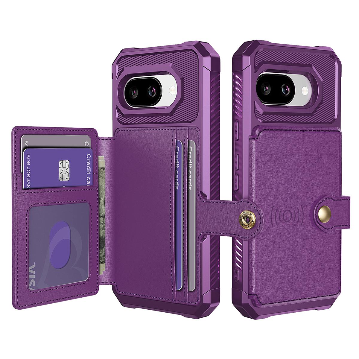 

For Google Pixel 9a Case with Card Holder PU Leather+TPU Phone Back Cover Purple