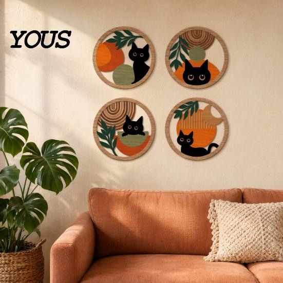 Animal Wall Decoration 4Pcs Black Cat Decor Set, Boho Cartoon Hanging Art, Set Farmhouse Rustic Wooden Plants Sign for Bedroom Living Room