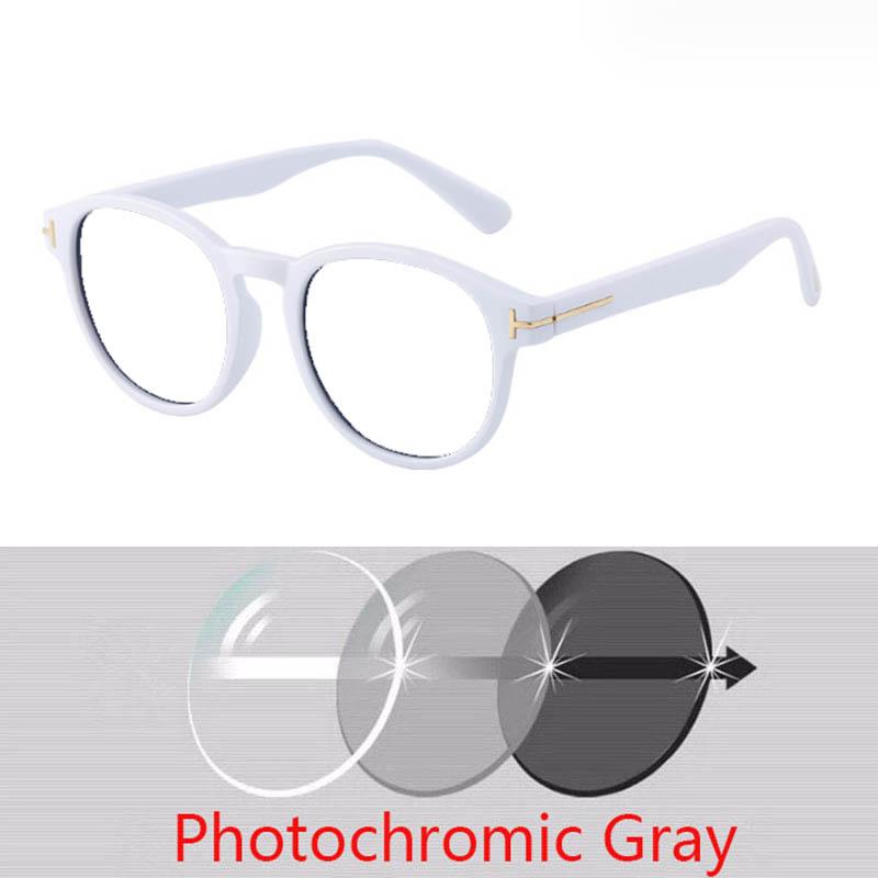 Women Round Tom Sun Glasses Female Oval White Frame Eyewear Myopia Nerd Photochromic Prescription 0 -0.25 -0.5 -1.0 To -6
