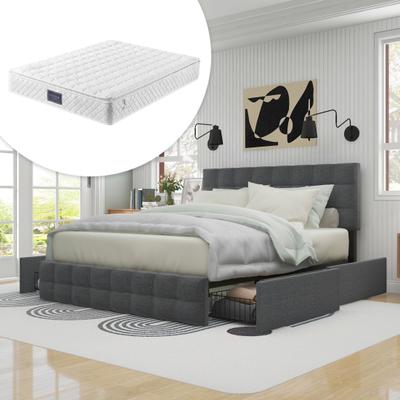 1 Set Upholstered Bed Tufted Waffle Stitching Classic Comfy Sleep Pure Color Mattress Bed Household Supplies