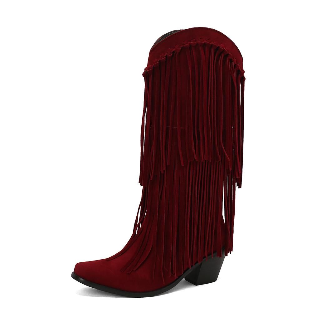 Fashion Fashion Autumn Winter Ethnic Woman Bohemian Flock Tassle Hidden Moccasin High Heels Mid-Calf Boots Fringe Female Slip On Shoes