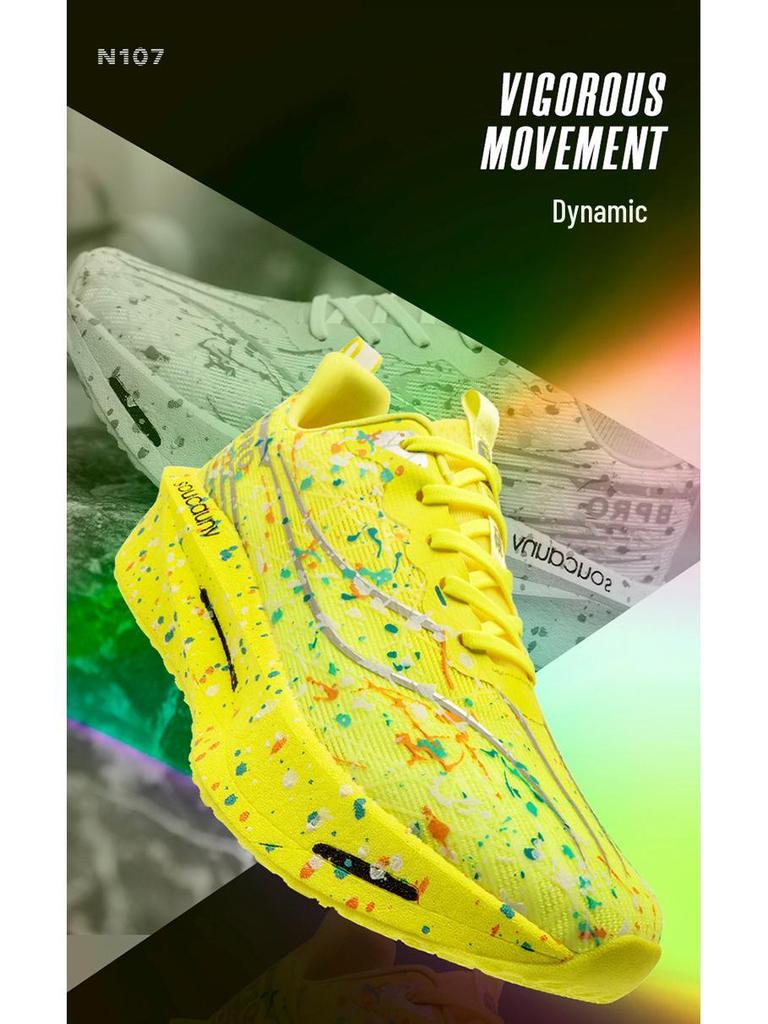 Yellow Lightweight Night-Glow Running Shoes with Carbon Plate for Students - Lace-Up Sports Shoes for Long-Distance Speed Racing