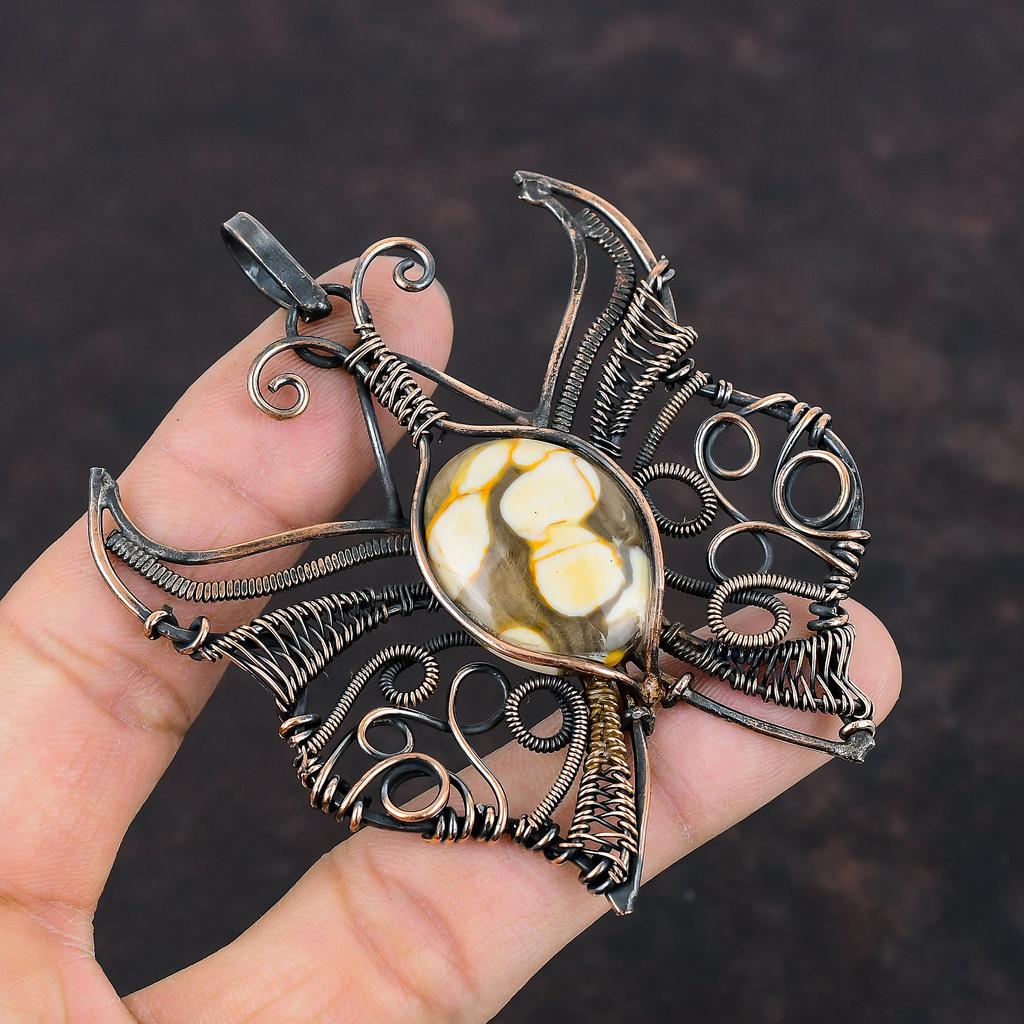 Peanut Wood Jasper Gemstone Pendant Copper Wire Wrapped Jewelry Butterfly Pendant Handmade Pendant Gifts For Him Copper Wire Wrapped Pendant
