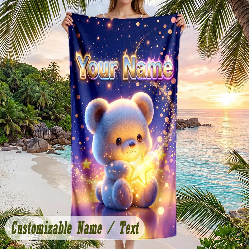 Teddy Bear Theme Beach Towel Personalized Custom Name & Text Soft Quick Dry Beach Towel for Swimming Travel