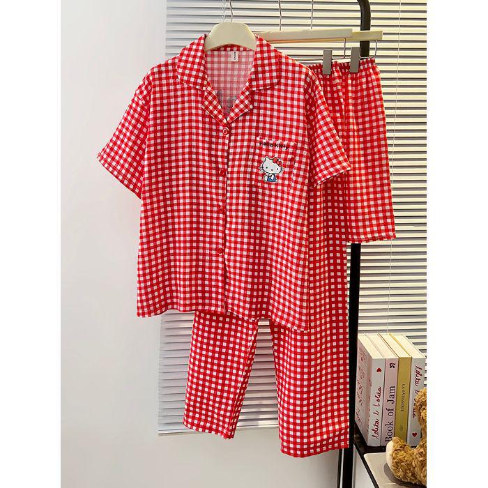 Women's Red Plaid Kitty Pajama Set - Short Sleeve & Shorts